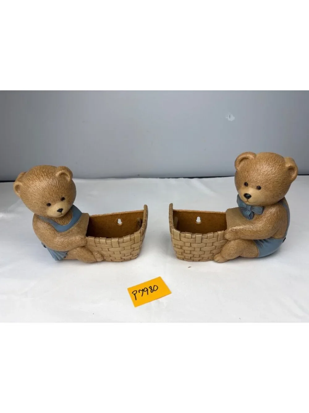 Burwood Bear Wall Planters Pair Blue Overalls Cute Rustic Décor USA Made